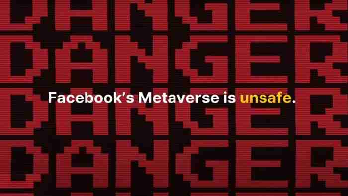 screenshot from linked video - DANGER - text onscreen: "Facebook's Metaverse is unsafe"