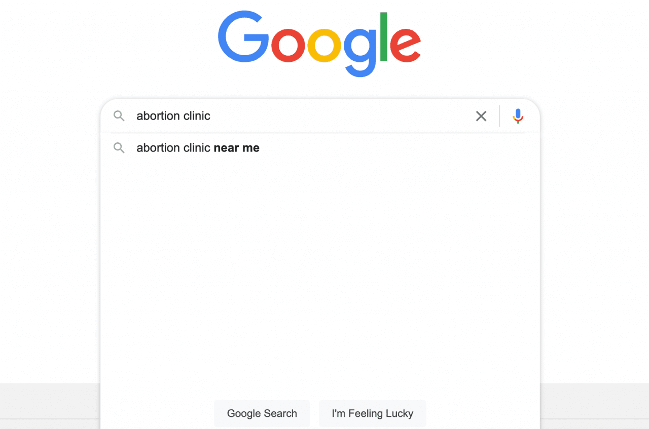 screenshot of a google search of abortion clinics