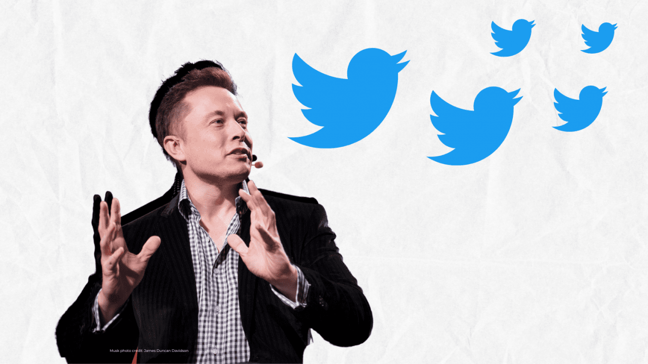 Montage of Elon Musk looking away next to the Twitter logo