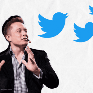Montage of Elon Musk looking away next to the Twitter logo