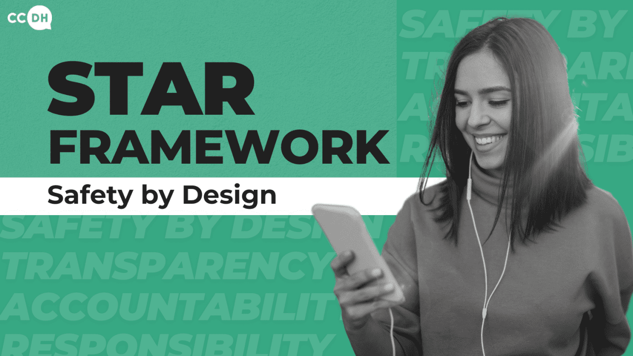 STAR Framework: Safety By Design. Picture of a woman smiling at her phone.