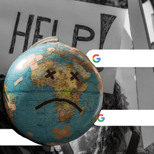 A globe with a sad face representing climate change denialism, with Google search bars representing the internet.