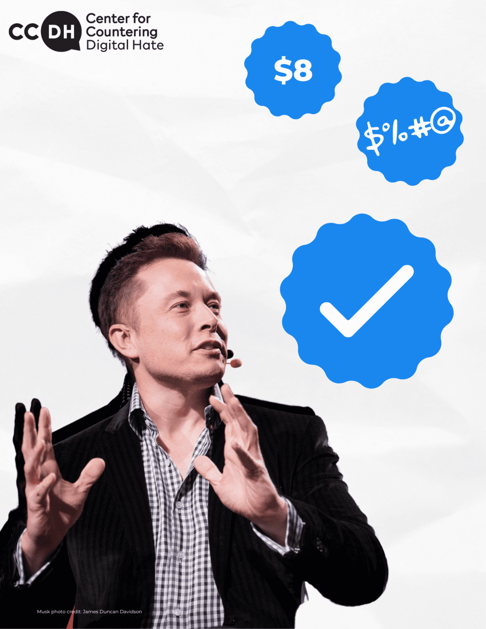 Montage of Elon Musk next to Twitter's Blue Tick symbol and a representation of the symbol with $8 and exclamation marks to represent swearing.