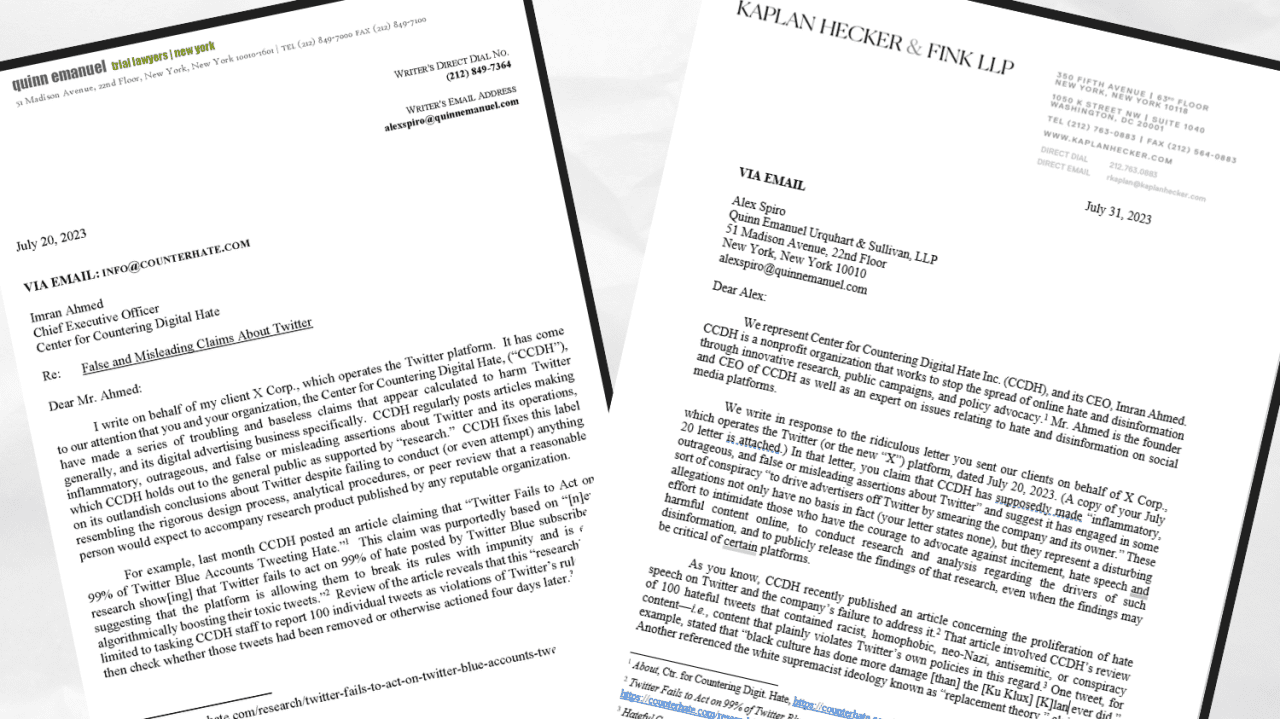 Elon Musk’s lawyers are threatening the Center for Countering Digital Hate with legal action for exposing Twitter’s failure to tackle hate speech. The image shows both the letter from Musk's lawyers and CCDH’s response.