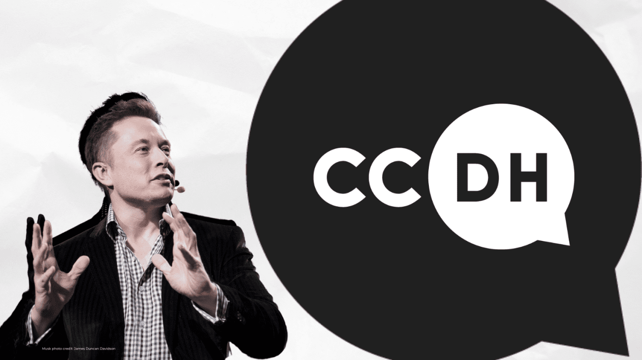 Montage of Elon Musk next to the Center for Countering Digital Hate logo after Musk threatens researchers with legal action