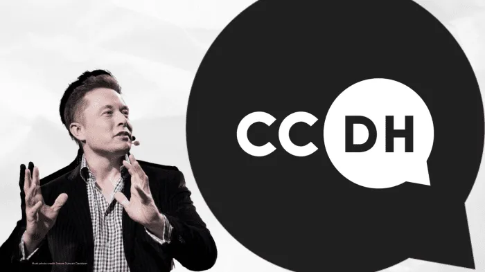 Montage of Elon Musk next to the Center for Countering Digital Hate logo after Musk threatens researchers with legal action