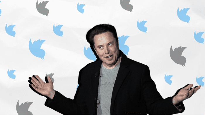 Montage of Elon Musk with open arms next to Twitter's logo