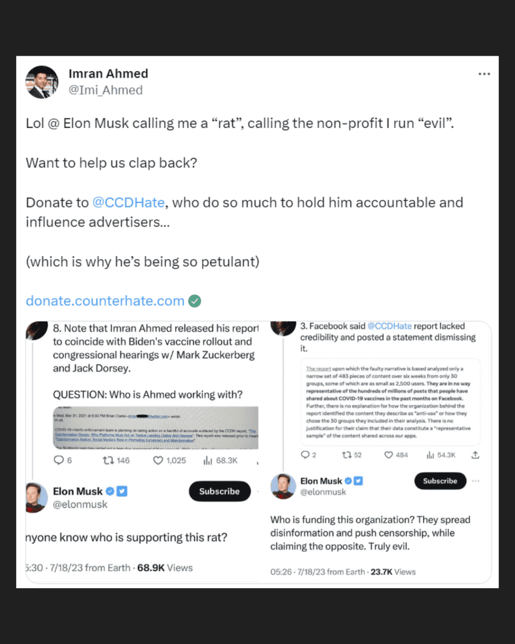 Screenshot of tweet by our CEO Imran Ahmed in response to Elon Musk's attacks on Twitter