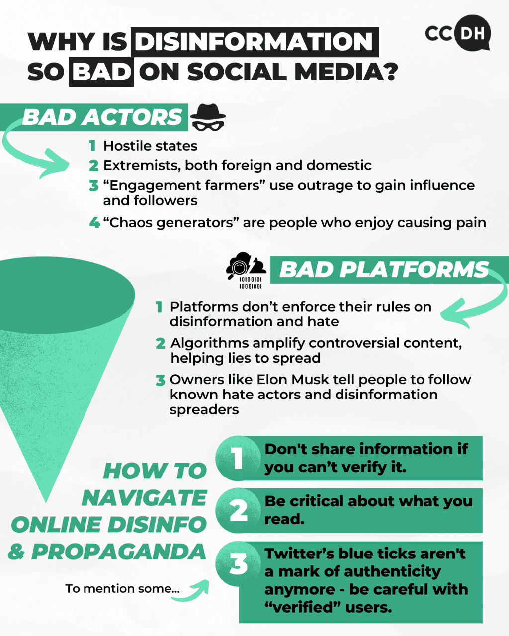 Why is disinformation so bad on social media? The infographic shows how a combination of bad actors and bad platforms can enable the spread of lies and propaganda. And it highlights some basic steps to help people navigate online disinformation and propaganda - which are described throughout CCDH's blog