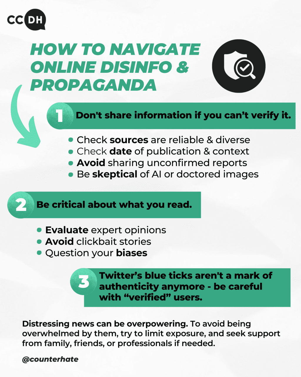 How to navigate online disinformation and propaganda. Image includes the steps described in CCDH's blog