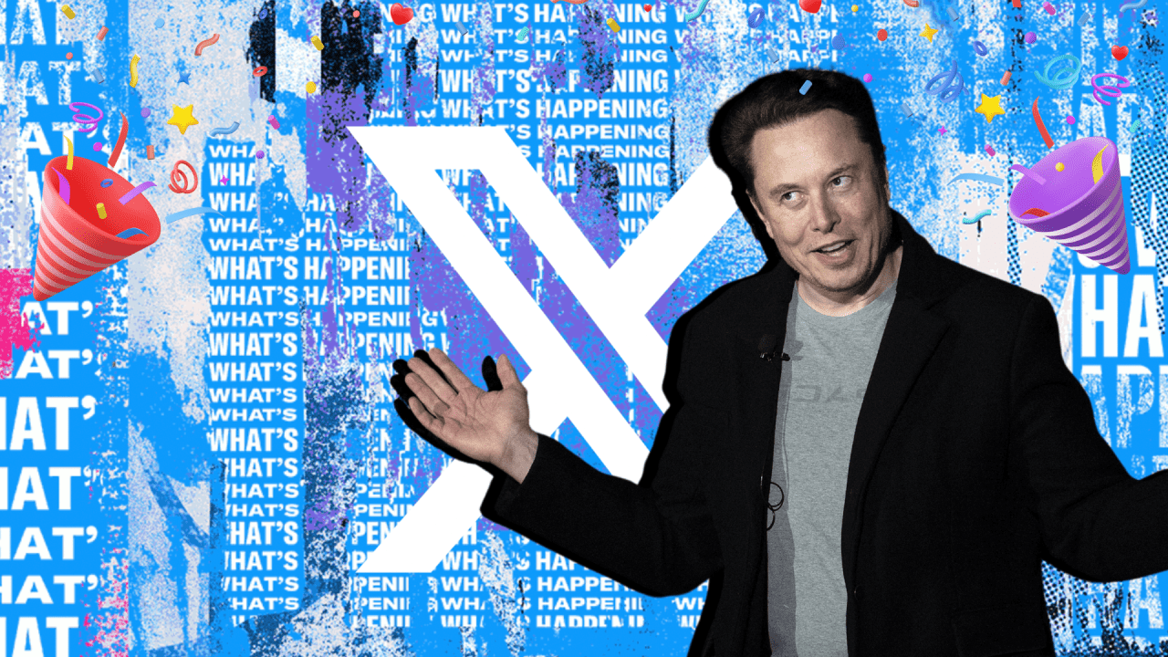 Montage of Elon Musk looking up and as background the new X official design next to a party popper to represent Musk's first year anniversary as Twitter's owner