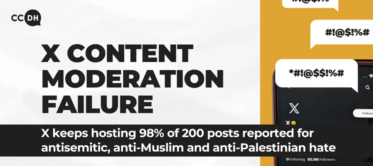 CCDH's report cover: X Content Moderation Failure - X Keeps hosting 98% of 200 posts reported for antisemitic, anti-Muslim and anti-Palestinian hate
