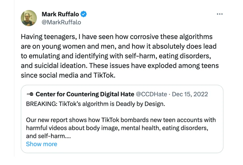 Mark Ruffalo tweet supporting CCDH's report and research