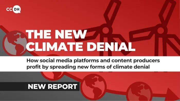 New Climate Denial Cover with title and subtitle. The cover shows a factory representing traditional climate denial, and wind turbines representing new climate denial