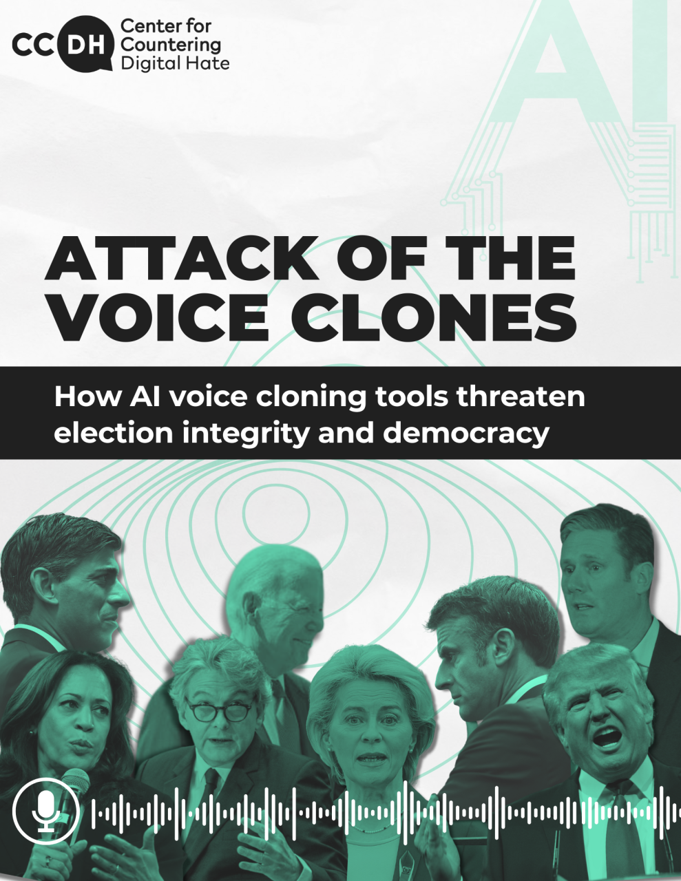 Attack of the voice clones cover featuring headshots of 8 well-known politicians