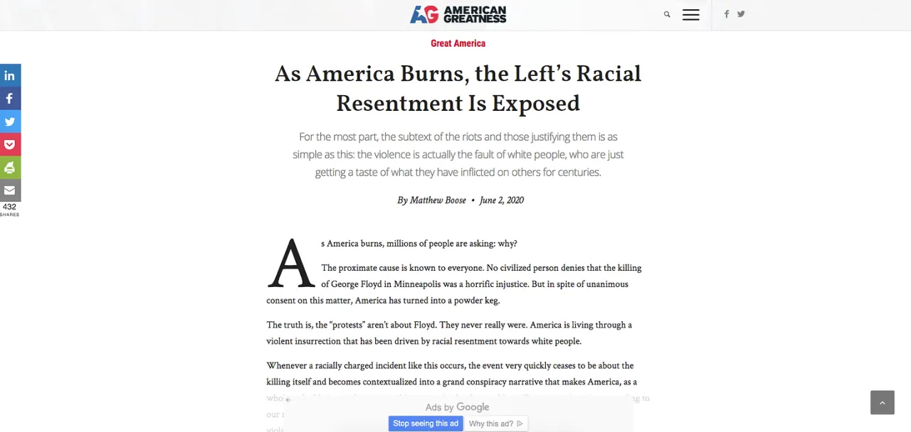 Defund Racism: American Greatness article screenshot