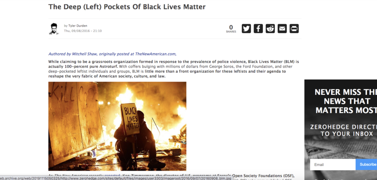 Defund Racism: Zero Hedge article screenshot