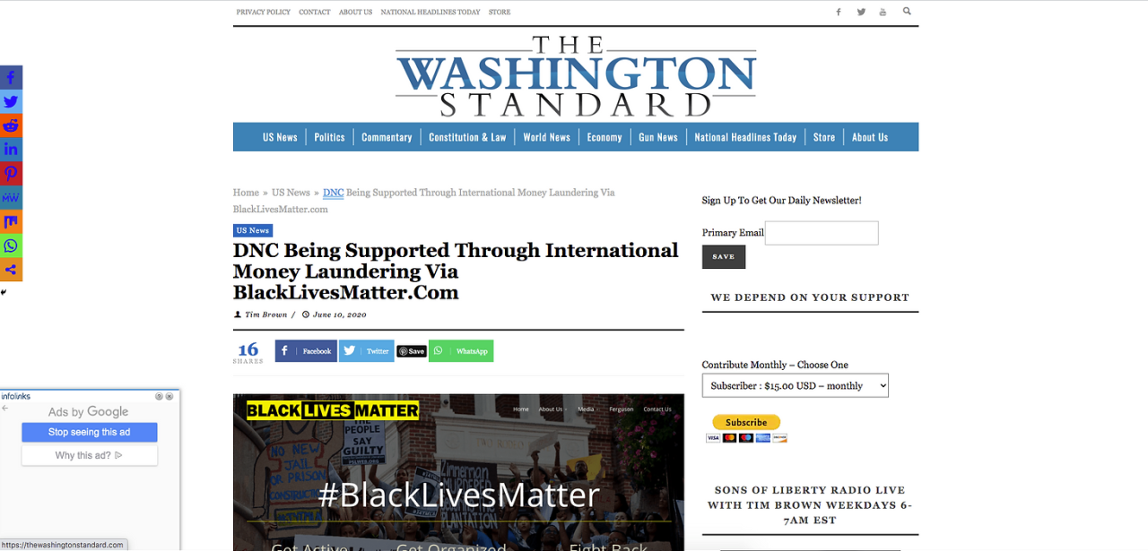 Defund Racism: The Washington Standard article screenshot