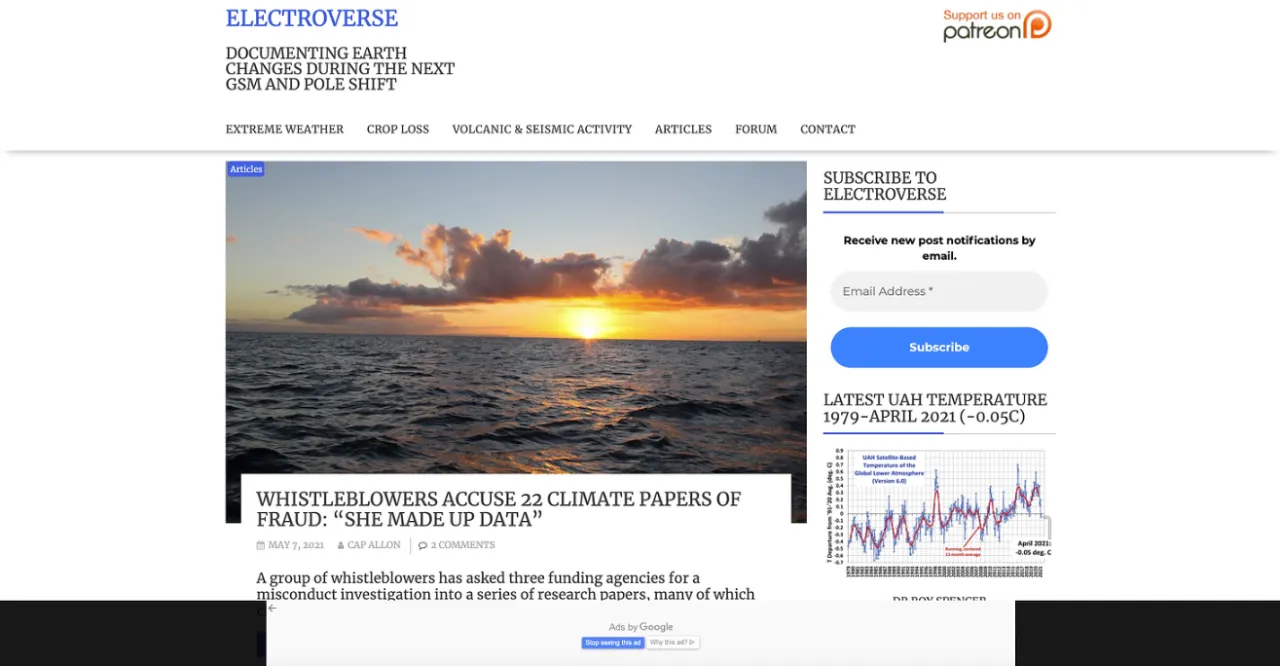 Climate Change Denial: Electroverse article screenshot