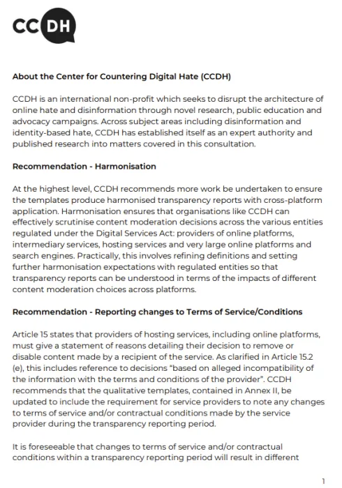 CCDH's recommendations for EU DSA's Transparency Reporting Templates