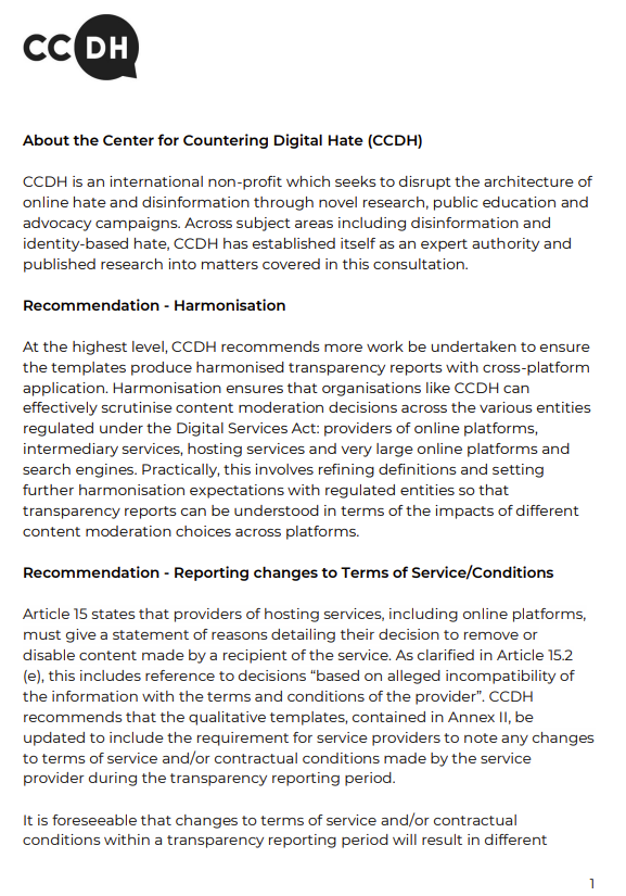 CCDH's recommendations for EU DSA's Transparency Reporting Templates